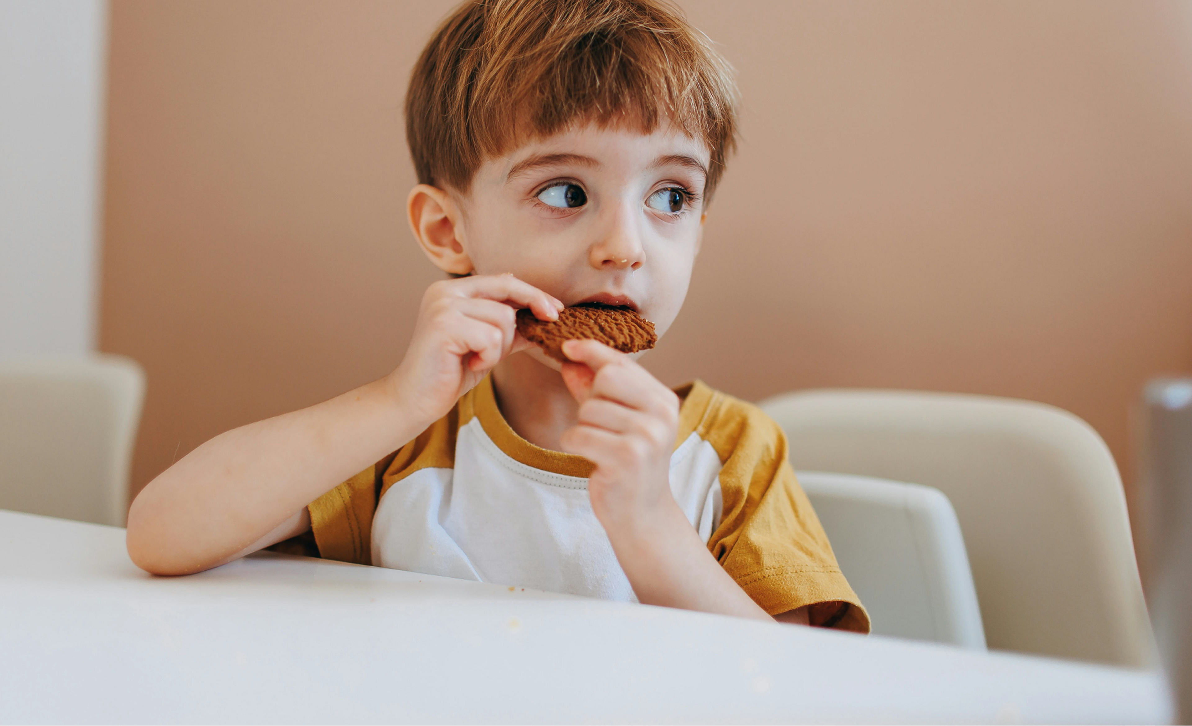 A young child eating a cracker at the table